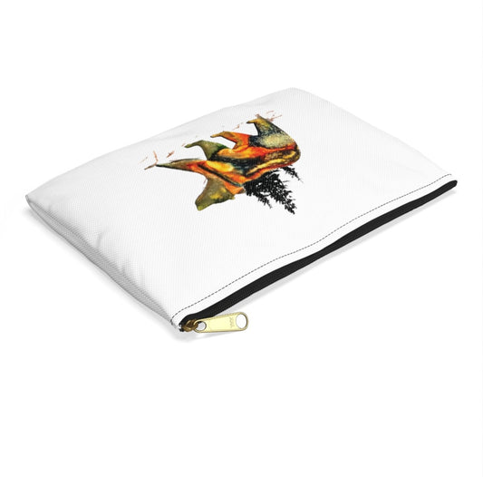 Stylish Bear with Evergreen Trees Original Art Accessory Pouch showcasing a colorful bear illustration with a backdrop of evergreens, ideal for storing pencils or makeup, handmade resin on wood.