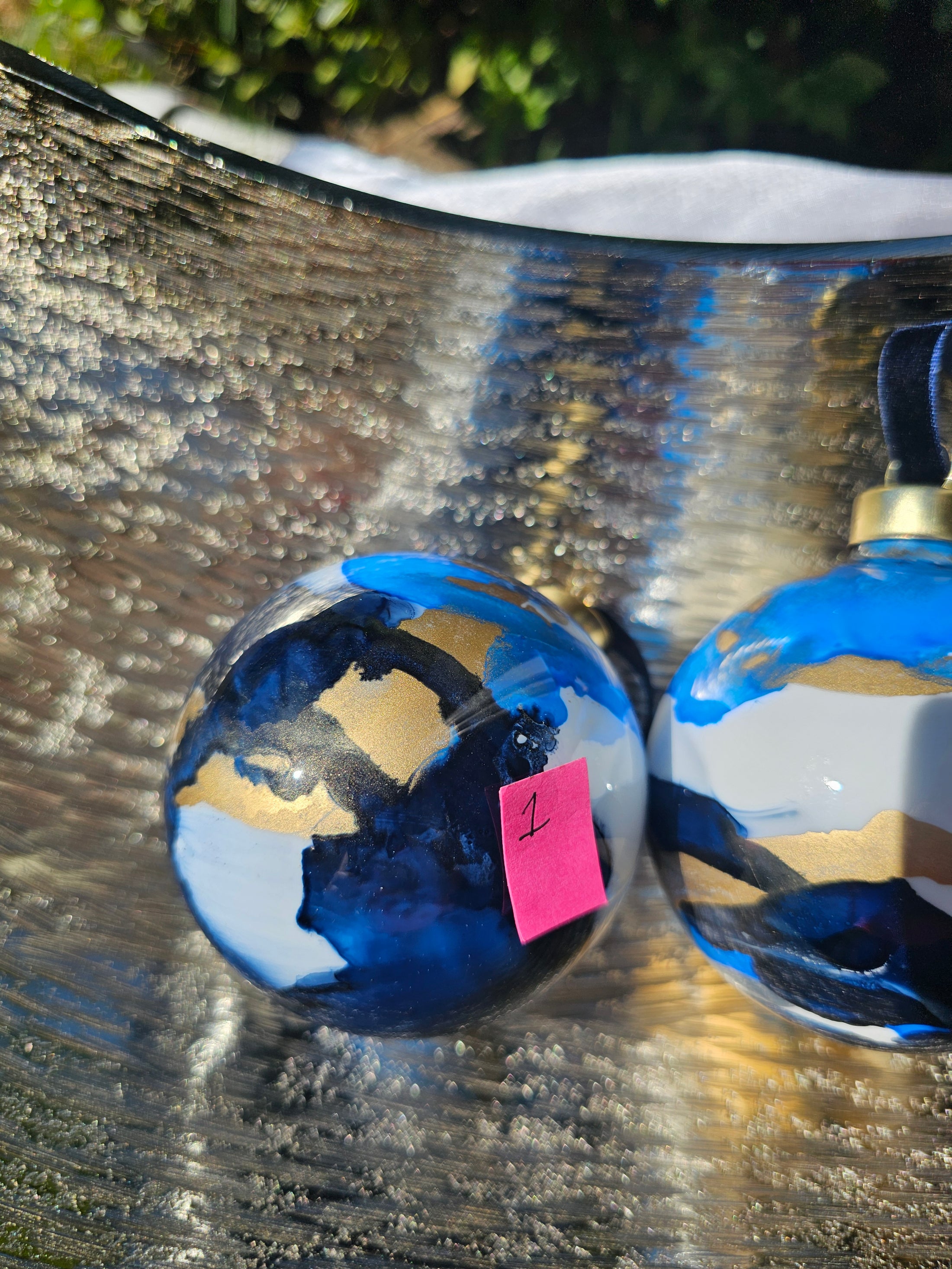 Handcrafted Deep Blue & Gold Ink Glass Christmas Ornament