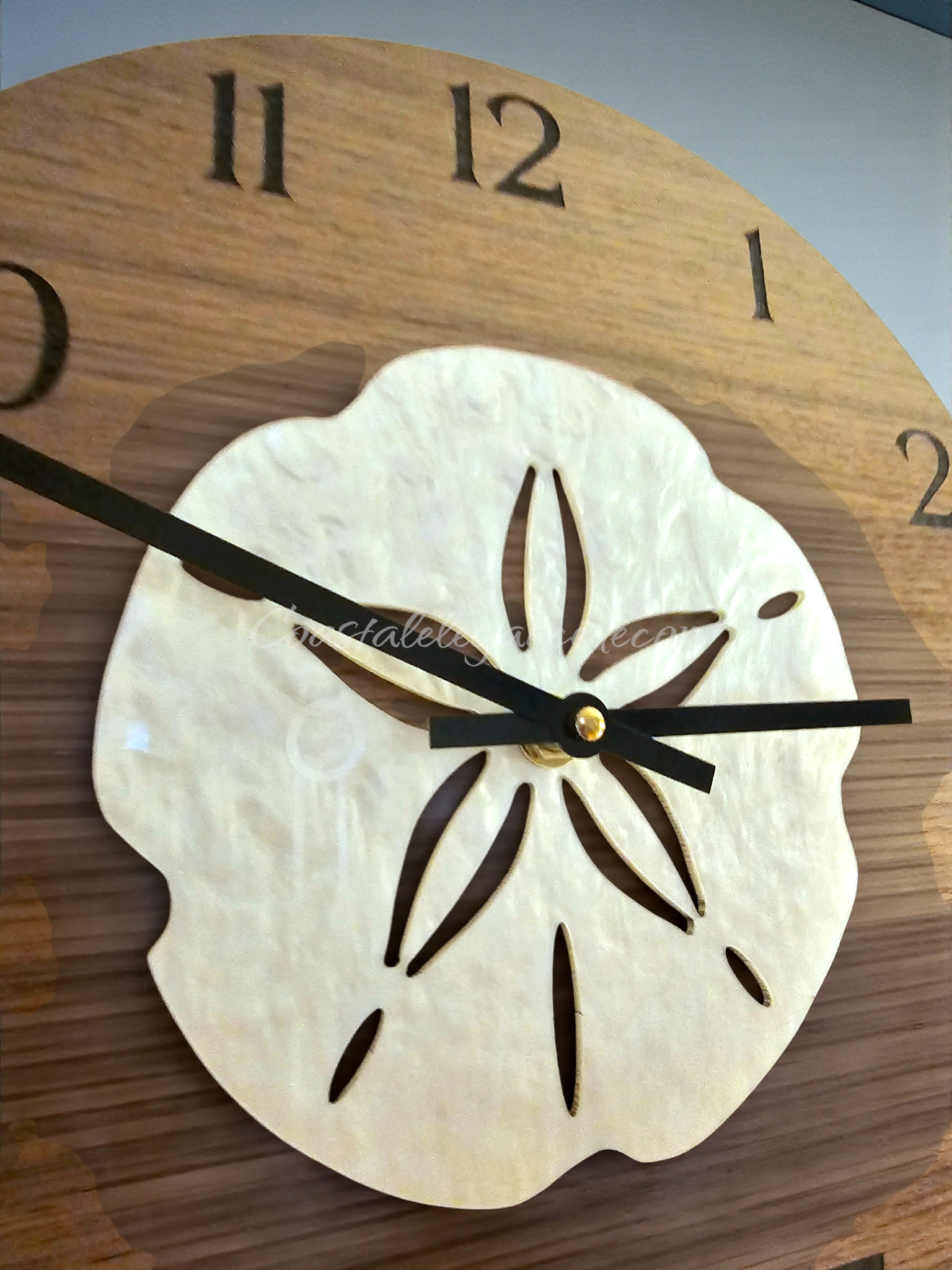 Coastal Sand Dollar Wall Clock - 12" Walnut Wood MDF with Pearl Acrylic Overlay
