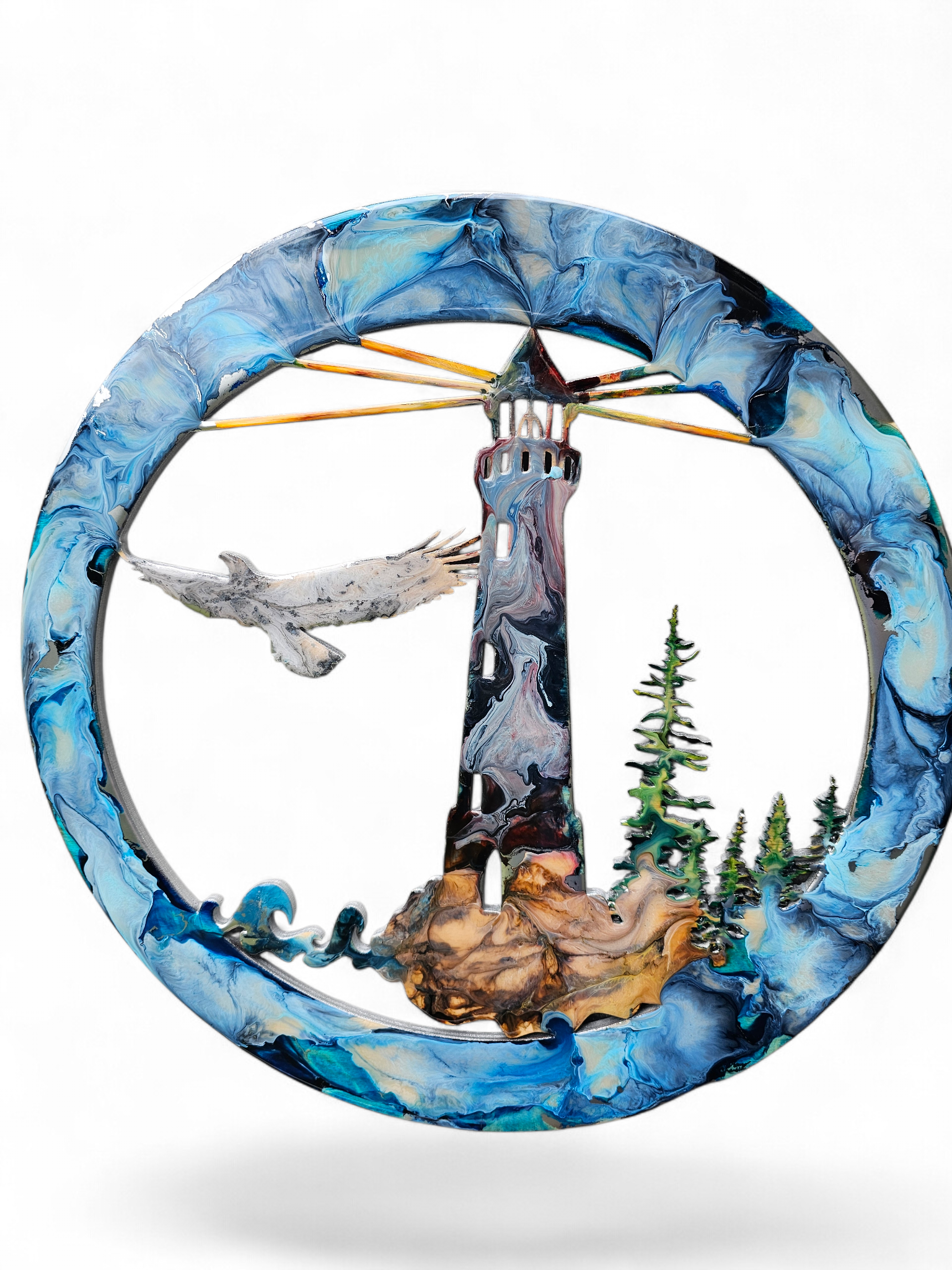 Original Lighthouse & Coastal Landscape Round Wall Art (15.75")