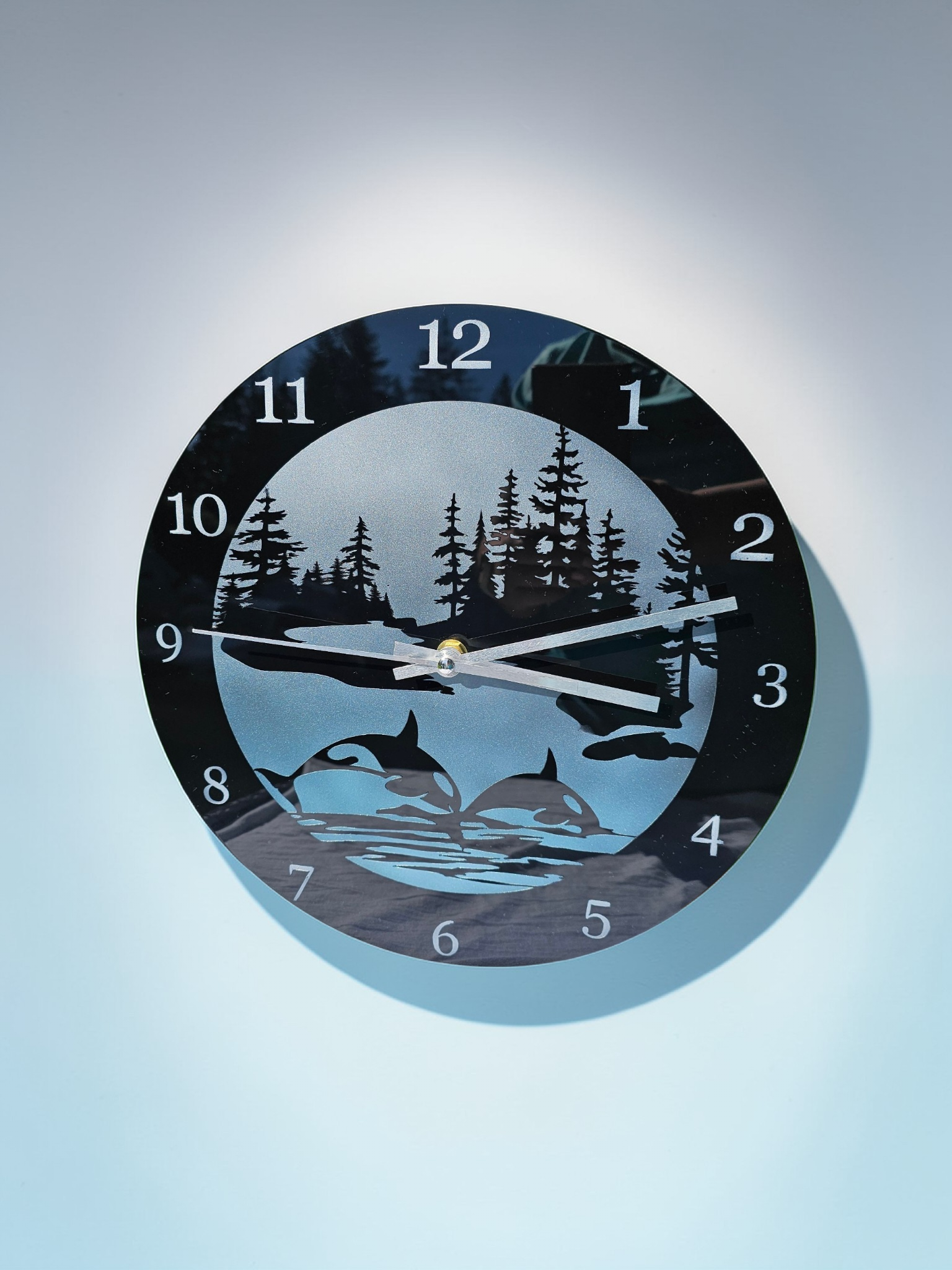 Midnight Breach: Hand-Painted Orca Silhouette Wall Clock