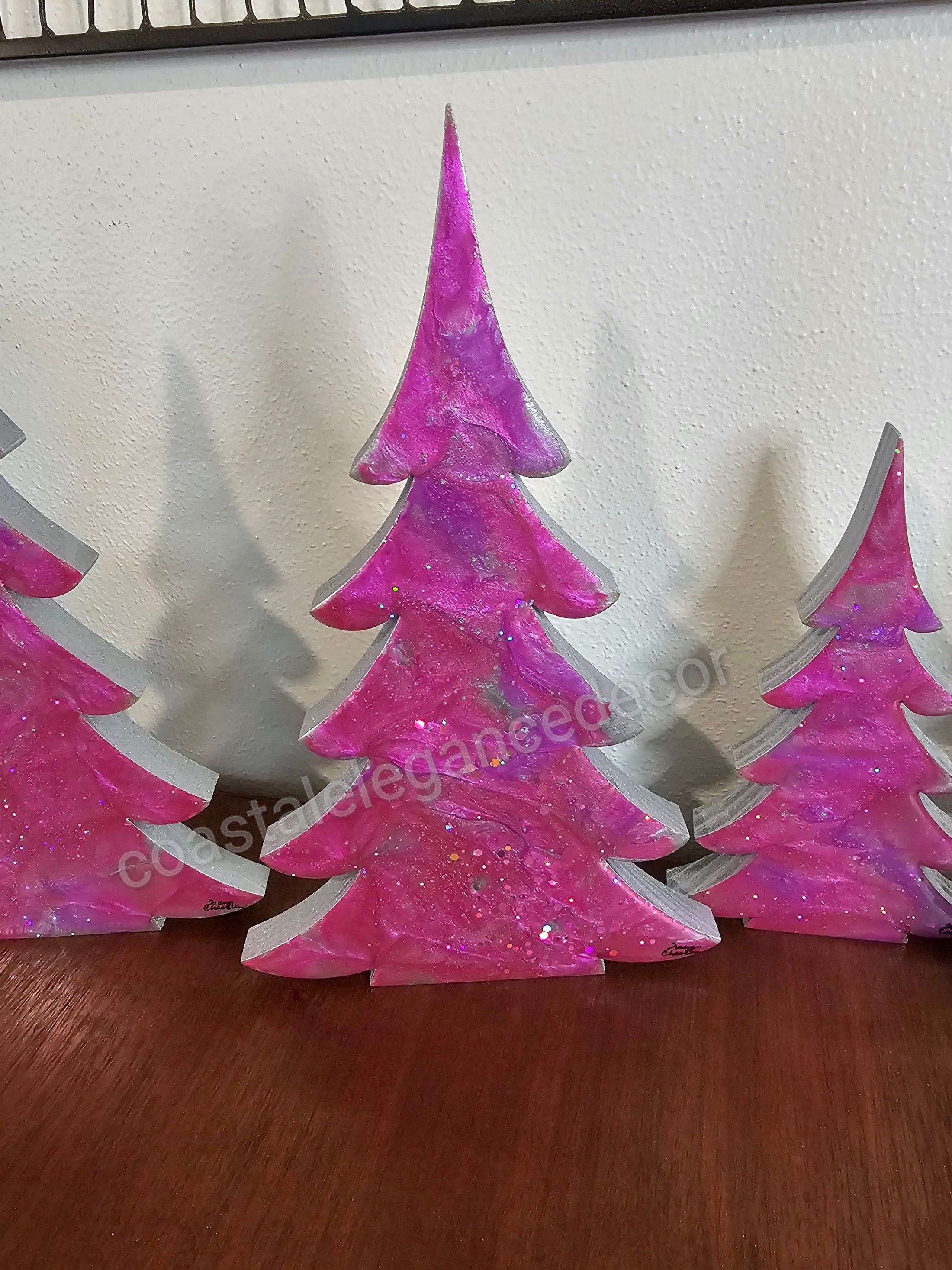 Hot Pink Silver Evergreen Christmas Trees Mantel Sitter Holiday Tabletop Decoration in three sizes, showcasing a sparkling design for festive decor.