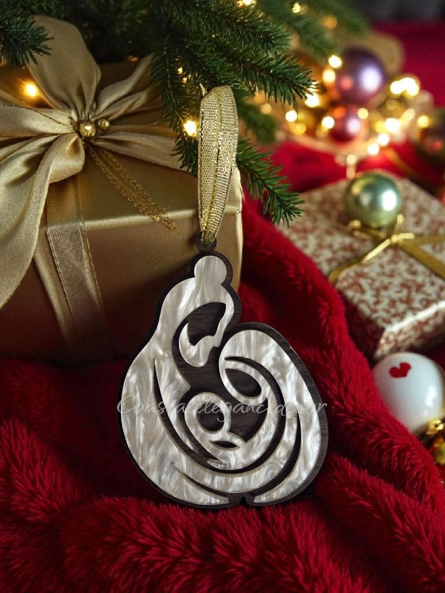 Layered Pearl Acrylic on Dark Wood Angel or Mary Joseph & Jesus Handmade Christmas Ornaments