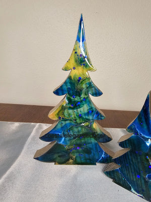 Christmas Trees with Branches Holiday Tabletop Decoration Chunky Wood with Resin Blues with Green Accents Lg or Sm