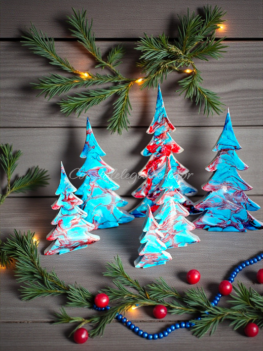 Handmade Silvery Blue and Red Christmas Trees Holiday Shelf Sitter Mantelpiece 3 Sizes