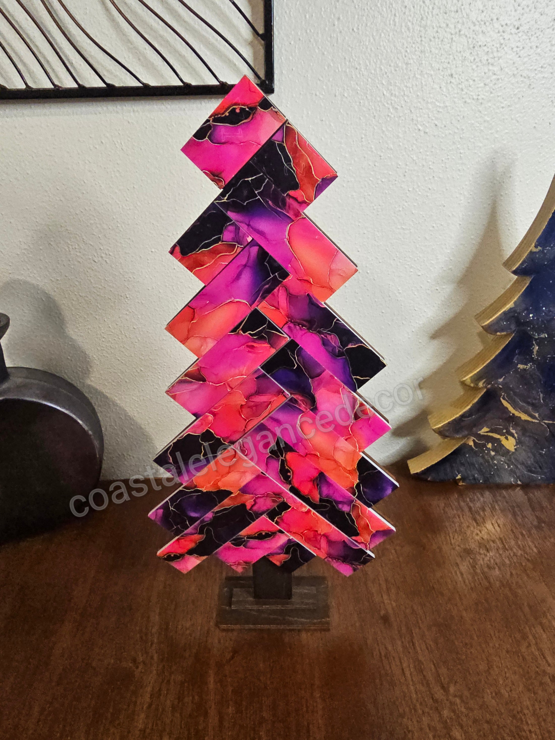 Bold Pink Contempary Patterned Handmade Herringbone Modern Acrylic and Wood Christmas Tree