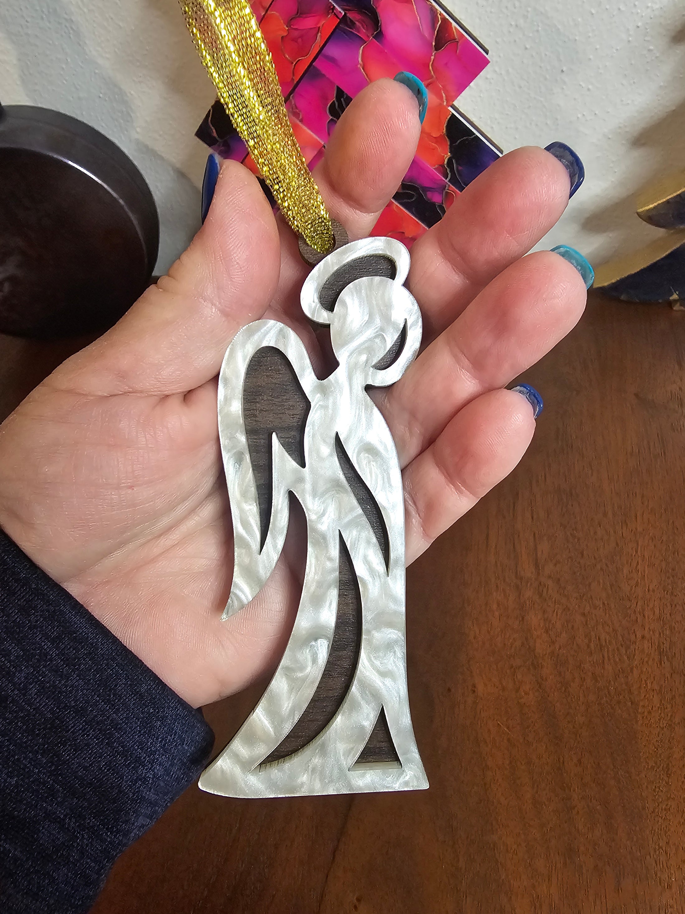 Layered Pearl Acrylic on Dark Wood Angel or Mary Joseph & Jesus Handmade Christmas Ornaments