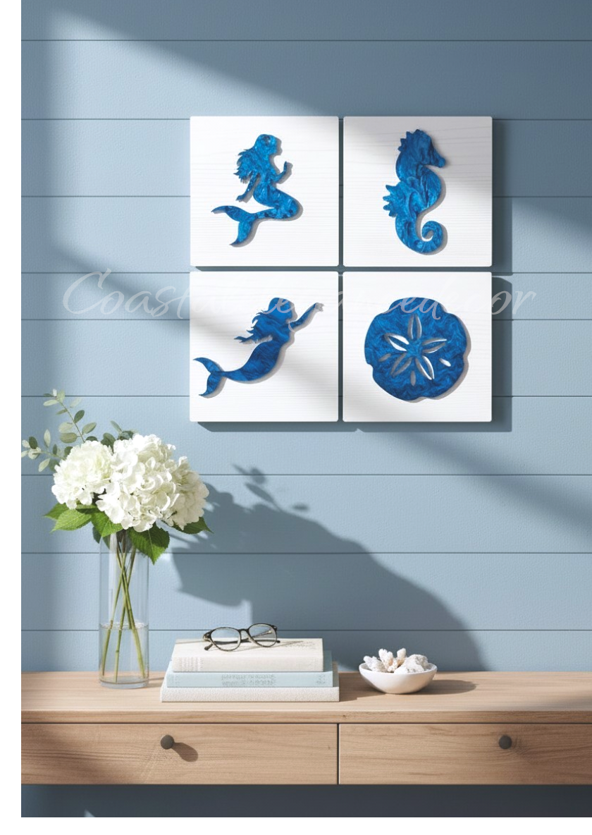 3D acrylic sea creature tiled wall decoration with whitewashed wood-look finish
