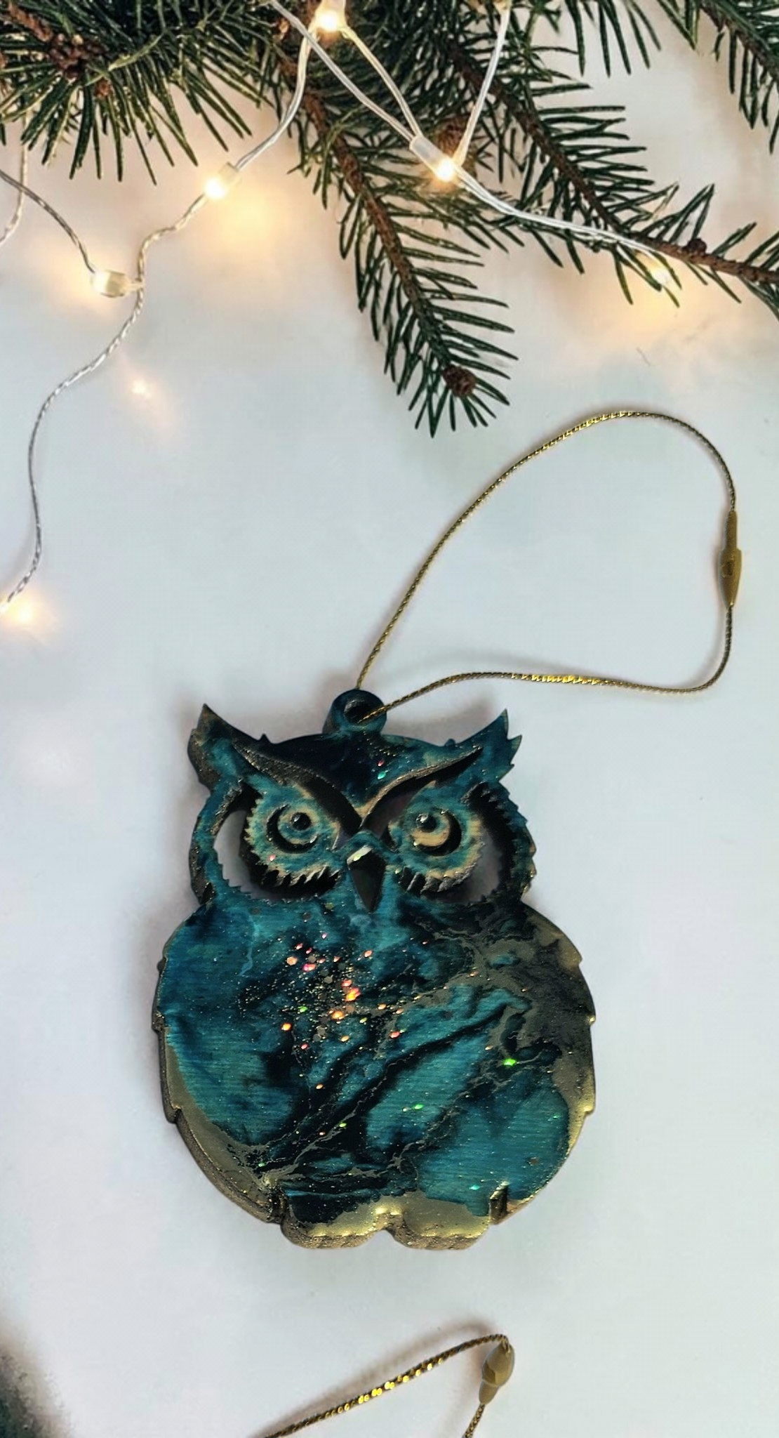 Blue and gold handmade owl resin Christmas ornament 