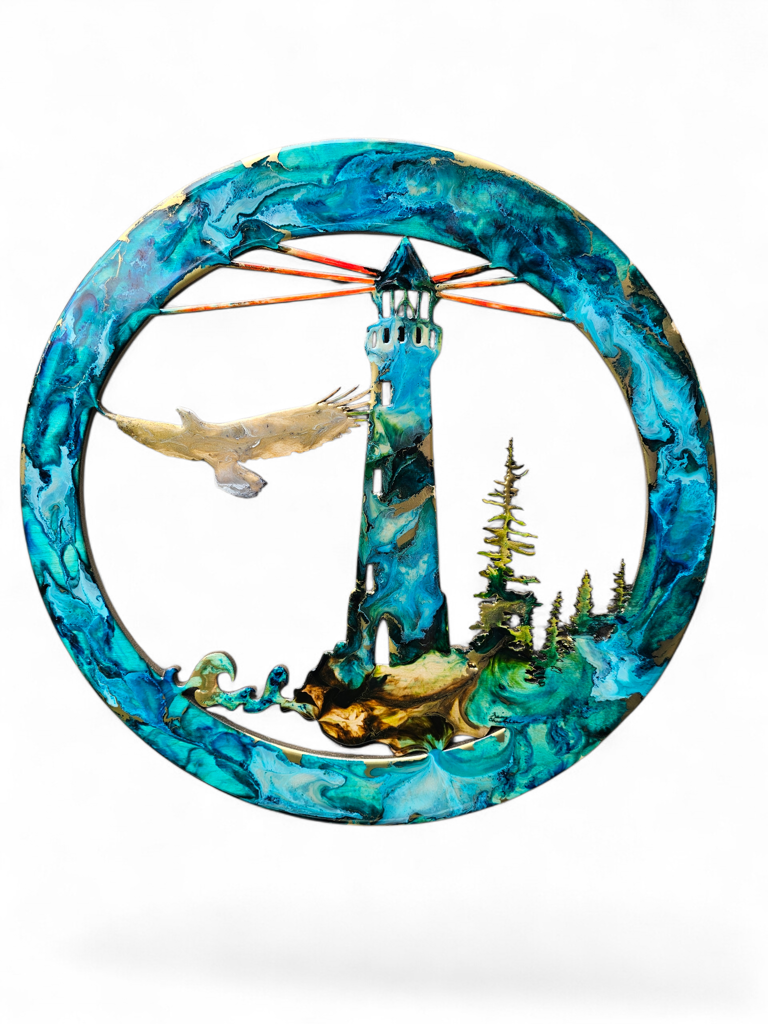 Original Lighthouse & Coastal Landscape Round Wall Art (15.75")