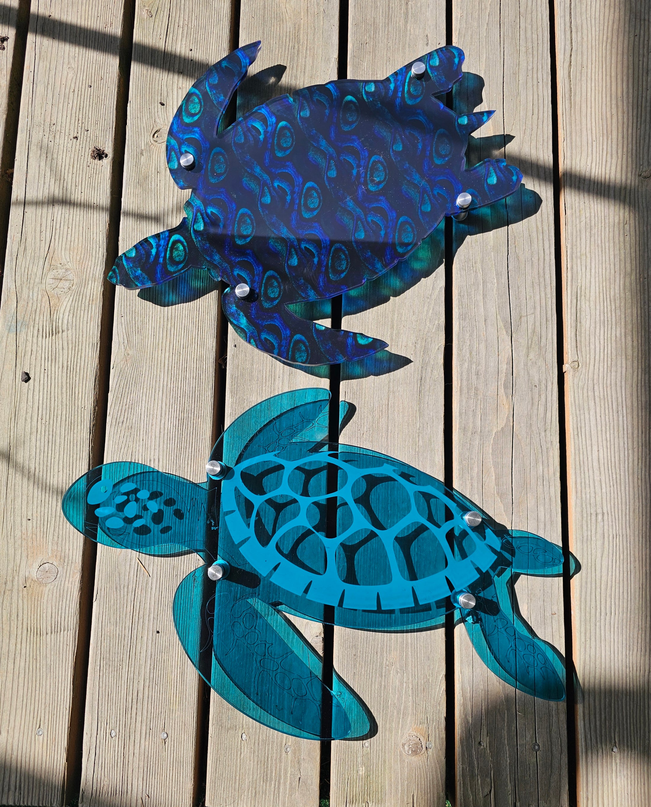 Teal Sea Turtle wall art, custom engraved 1/4 inch acrylic by Coastal Elegance Decor for indoor or outdoor beach house decoration.
