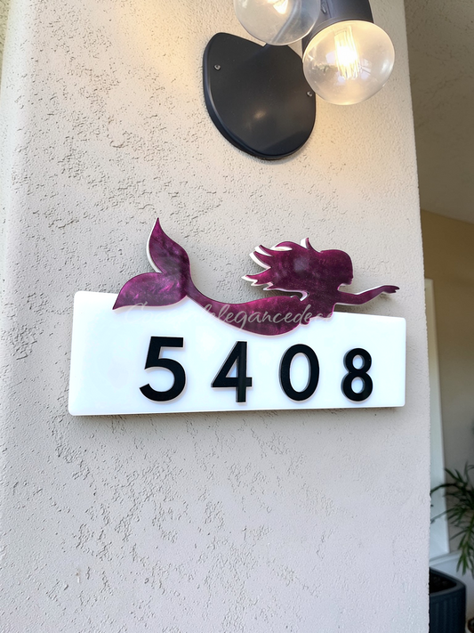 Purple pearl mermaid on white background address sign by coastal Elegance Decor 