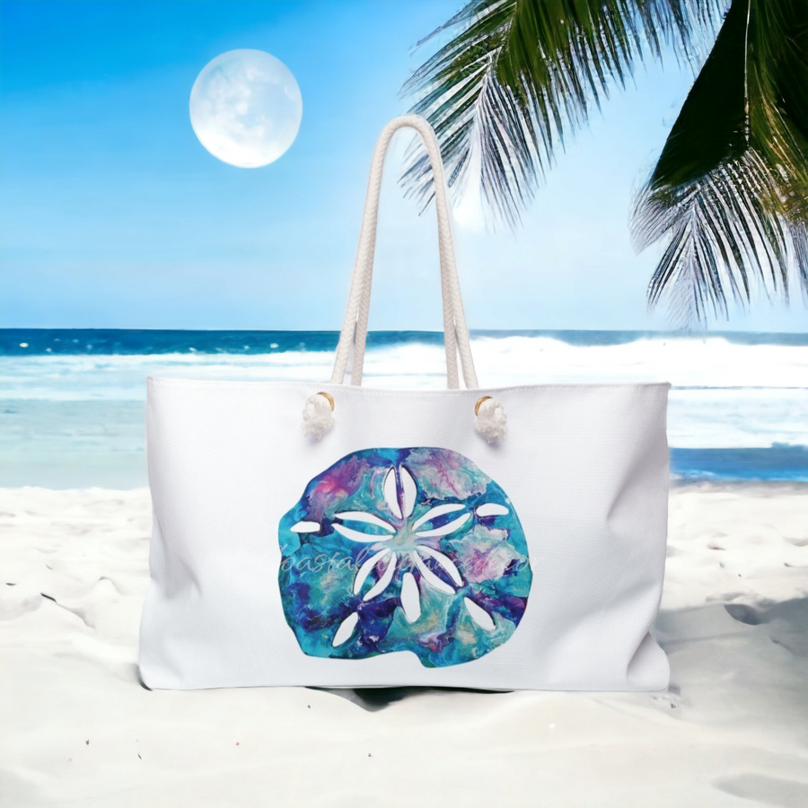 Original Art Blue and Pink Sand Dollar Weekender Bag White Background