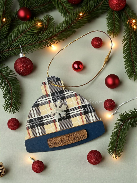 Personalized Designer Tan and Navy Plaid Winter Beanie Hat Ornament With Custom Leather Name Patch