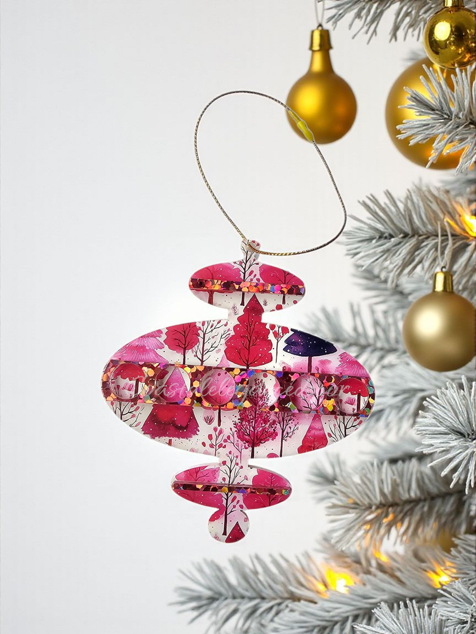 Mid Century Modern Retro Style Pink Watercolor Snowy Trees Christmas Ornaments 3 Styles