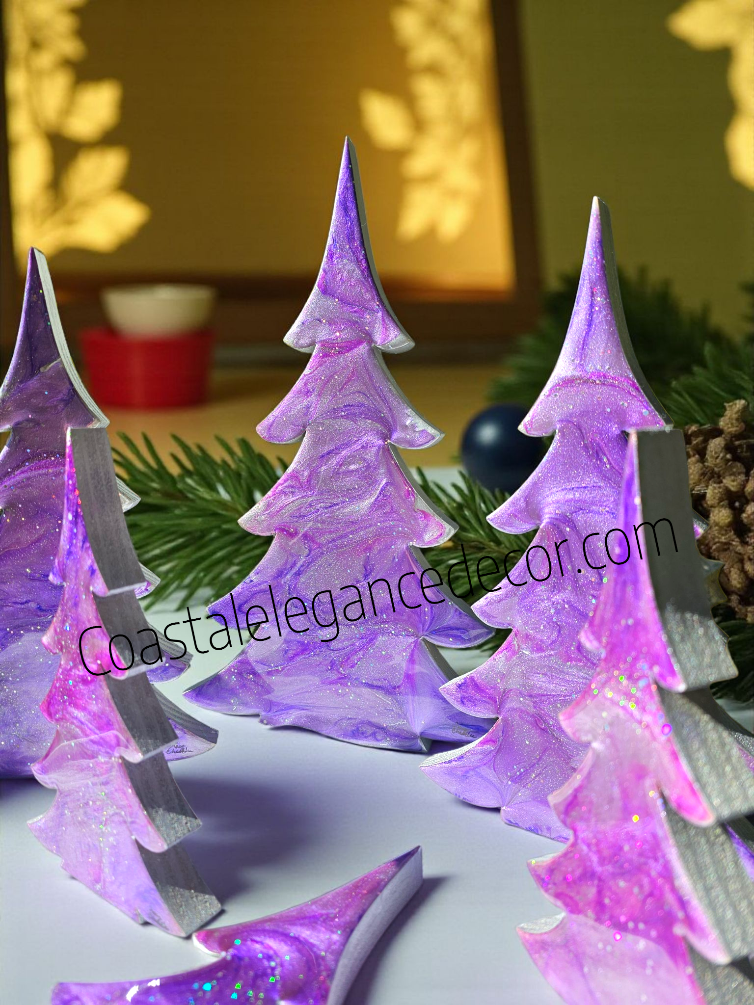 Shimmery Silver Lavender and Pink Christmas Trees with Branches Holiday Mantelpiece 3 Sizes