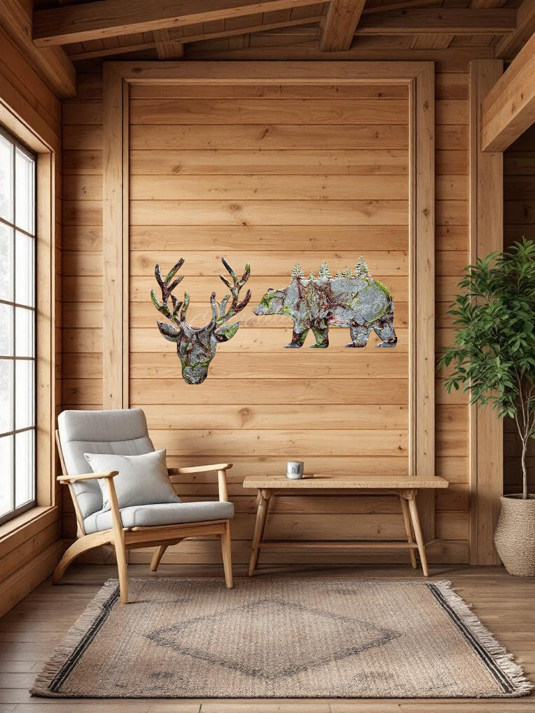 Wildlife Bear with Forest Trees Wood Resin Cabin Wall Decor Handmade