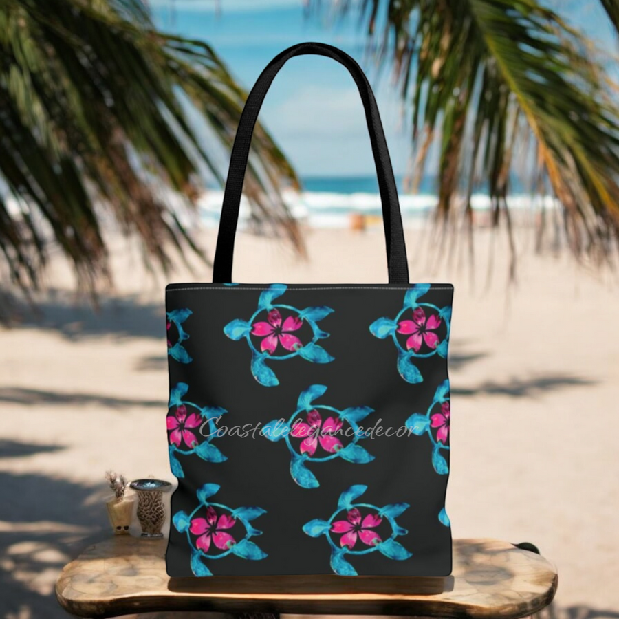 Original Art Print Polynesian Blue Turtle With Pink Flowers All Over Print Custom Tote Bags 3 Sizes