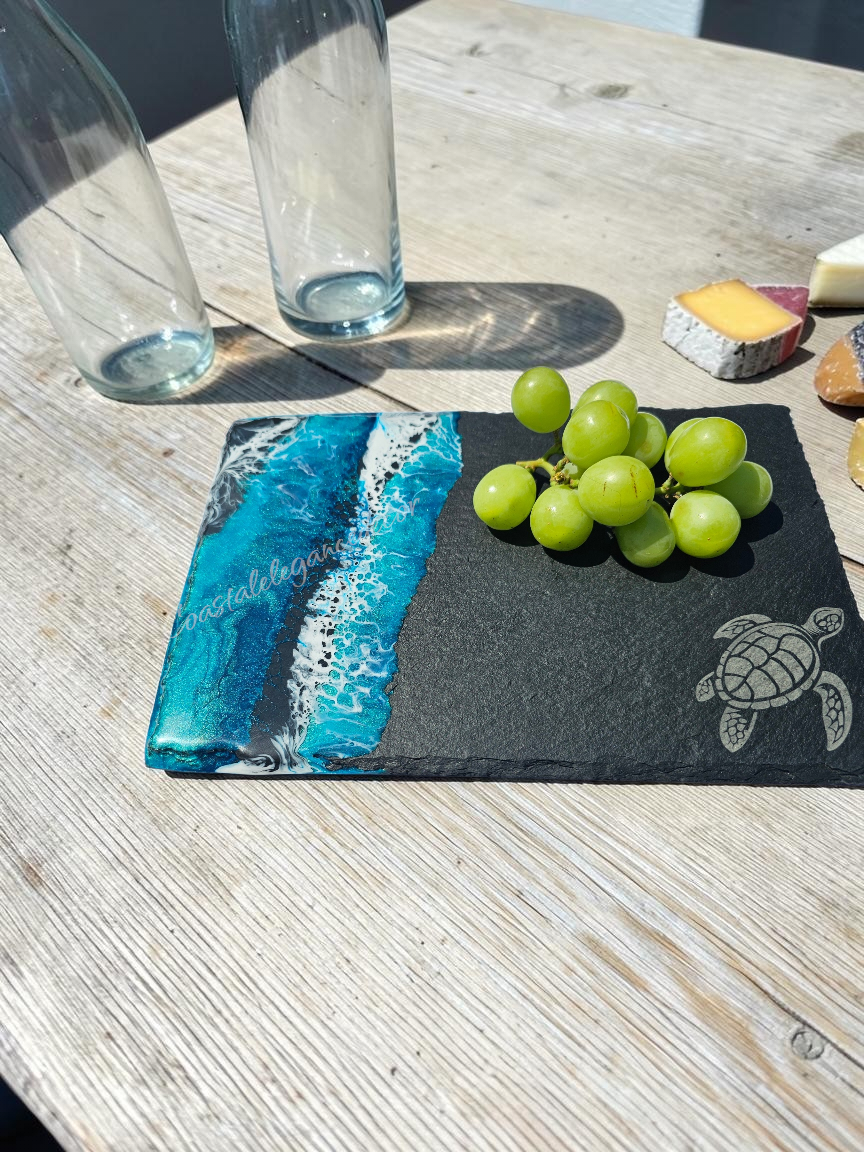 Slate & Ocean Resin Wave Charcuterie Board | Sea Turtle Coastal Serving Platter (12" x 8")