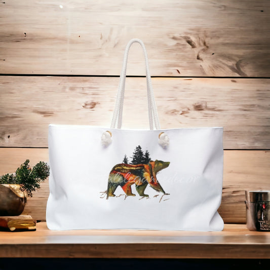 Bear with Forest of Trees Weekender Tote Bag With Rope Handles, showcasing unique bear artwork against a white background, ideal for camping and gym use.