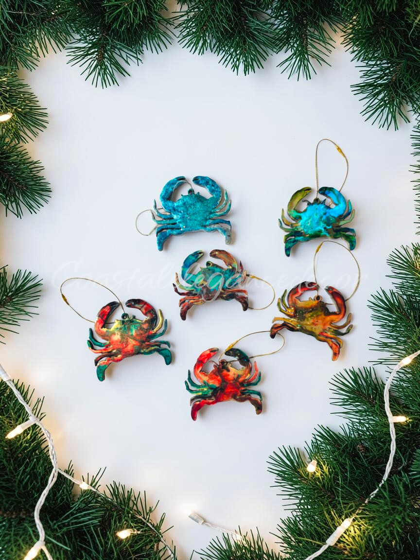 Colorful Sparkly Small Crab Beachy Christmas Resin and Wood Ornament