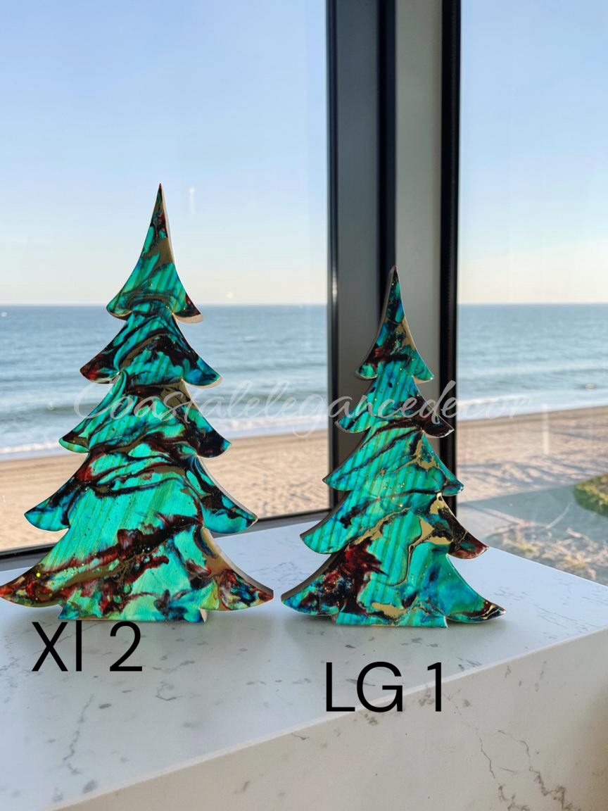 Handmade Turquoise Christmas Trees Shelf Sitter with Red Resin and Gold Accents Multiple Sizes