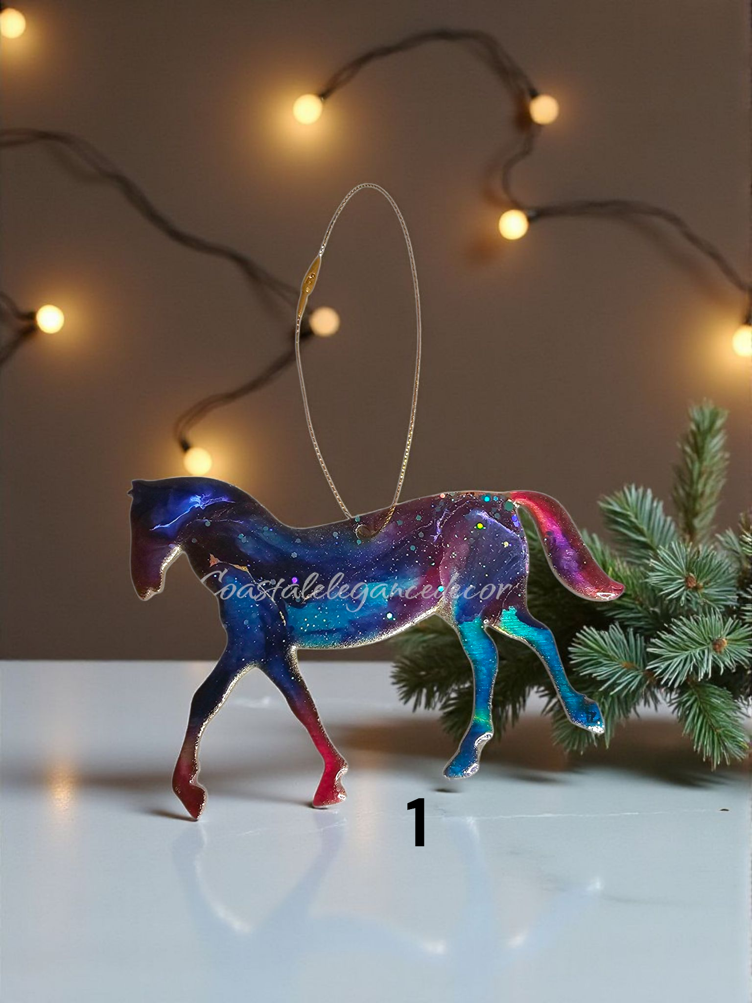 Colorful horses Christmas ornaments handcrafted from resin and wood by Coastal Elegance Decor, perfect for holiday decorations.