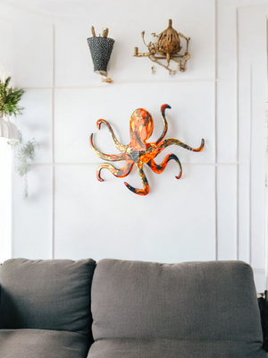 Handmade Octopus Turquoise and Reds or a Orange Beachy Wall Decoration