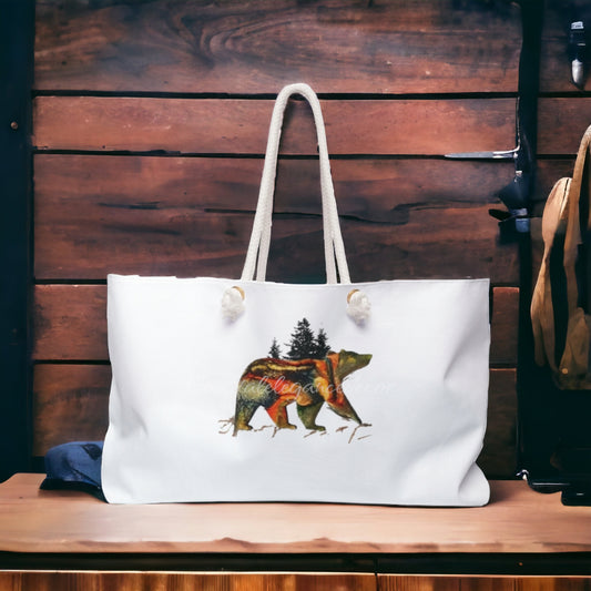 Bear with Forest of Trees Weekender Tote Bag With Rope Handles, featuring original art of a bear with trees, perfect for travel or beach outings.
