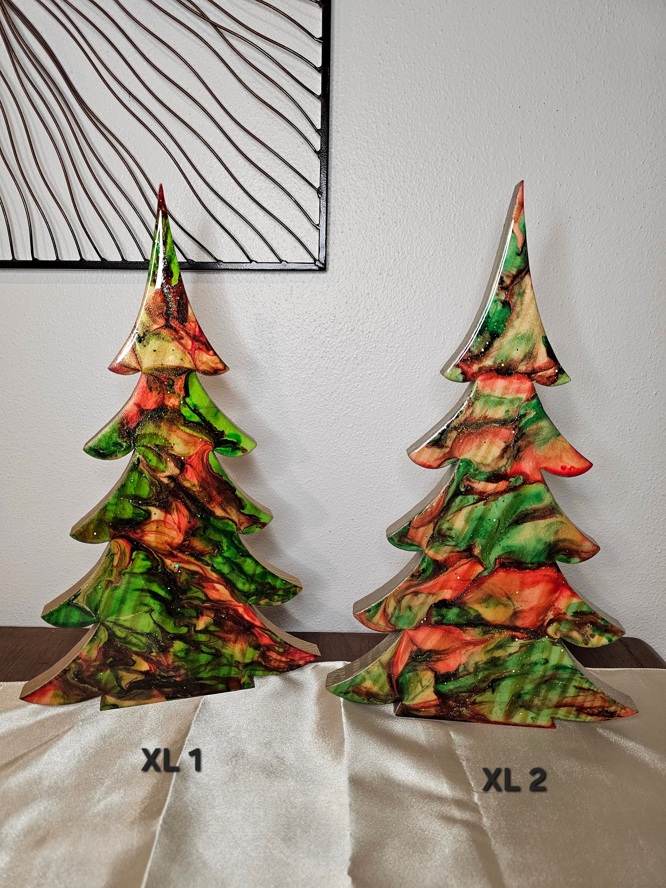 Handmade Green and Red Resin Christmas Trees with Branches Holiday Mantelpiece - Lg 12" size showcasing beautiful design.