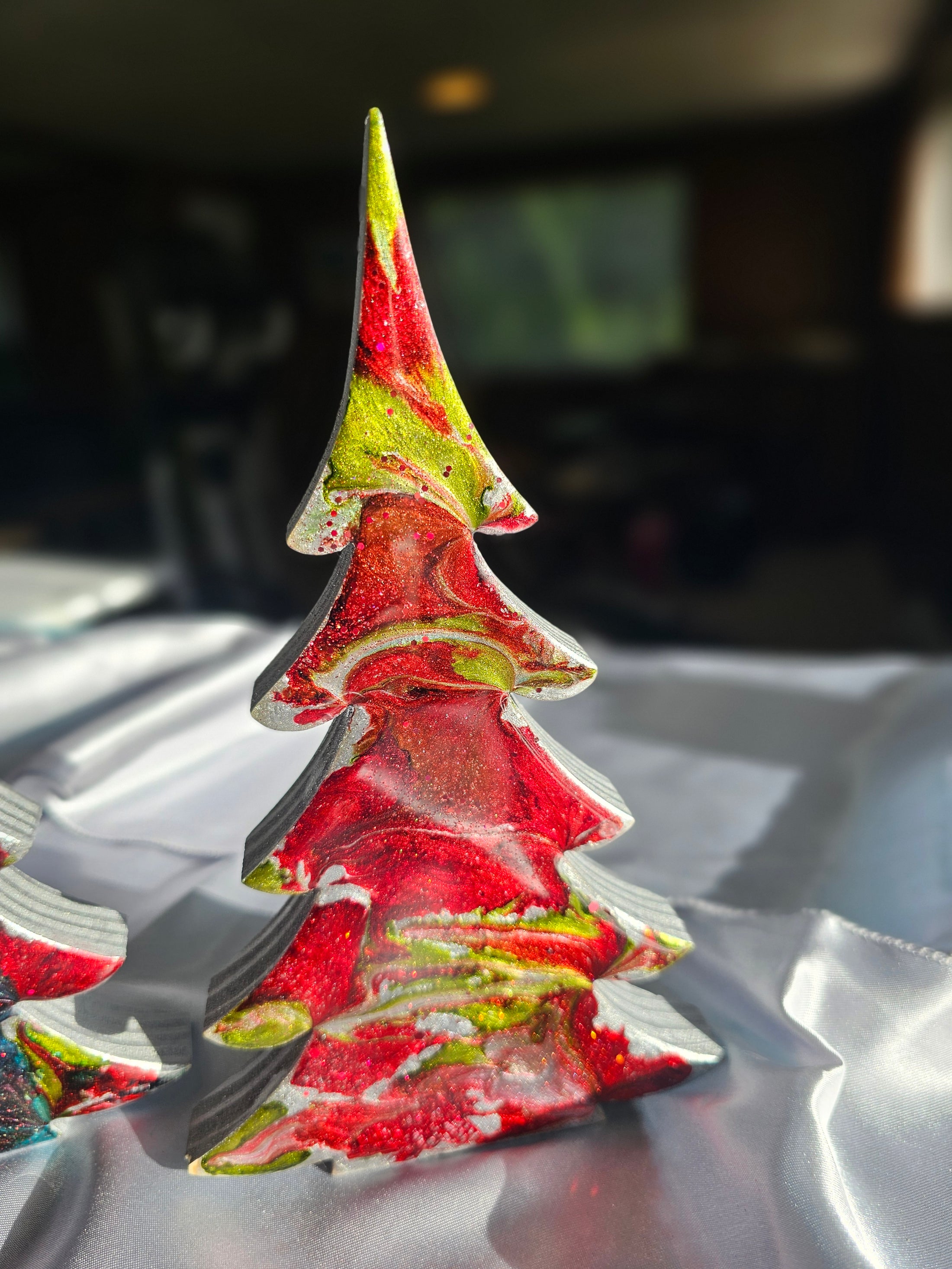 Handcrafted Gemtone Red and Green Tabletop Sparkly Christmas Trees 8 Inches creating a vibrant and joyful holiday scene on a mantel.