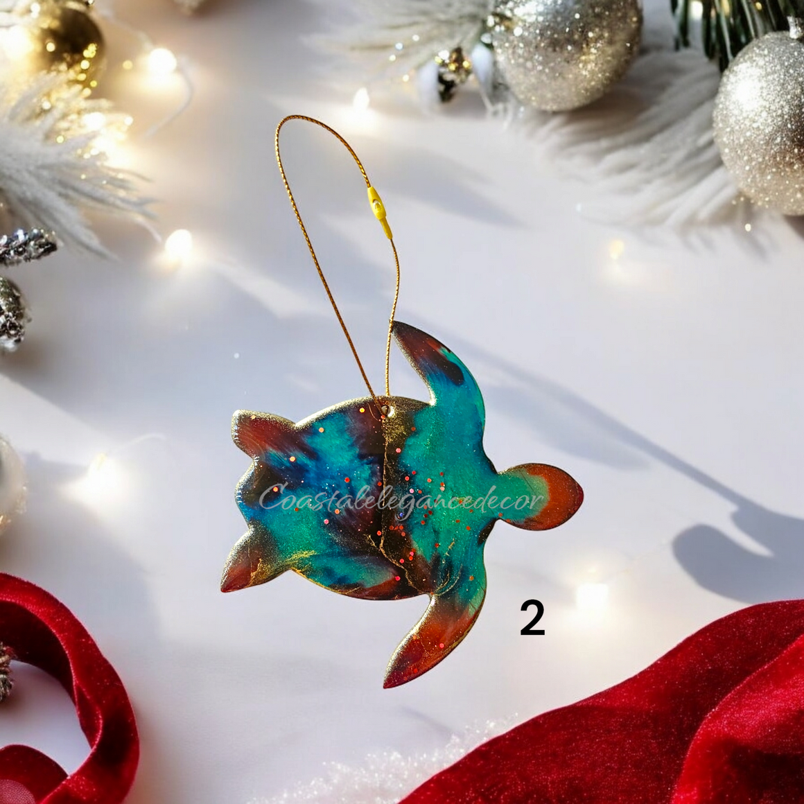 Colorful Sparkly Sea Turtles Christmas Resin and Wood Ornaments Handmade Multiple Colors