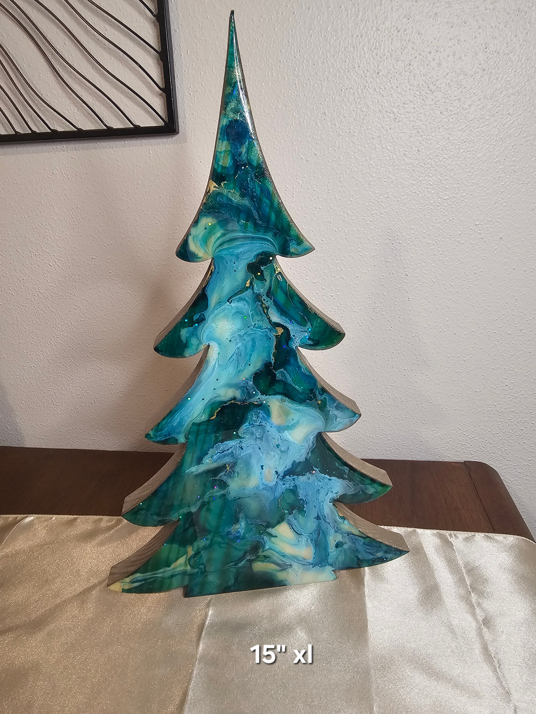 Charming Handmade Teal and Gold Christmas Tree Shelf Sitter, perfect for holiday decor, available in three sizes with beautiful resin and wood finish.