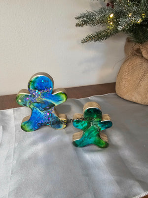 Chunky Wood with Resin Handmade Gingerbread Men Christmas Decorations Green Blue 3 Sizes