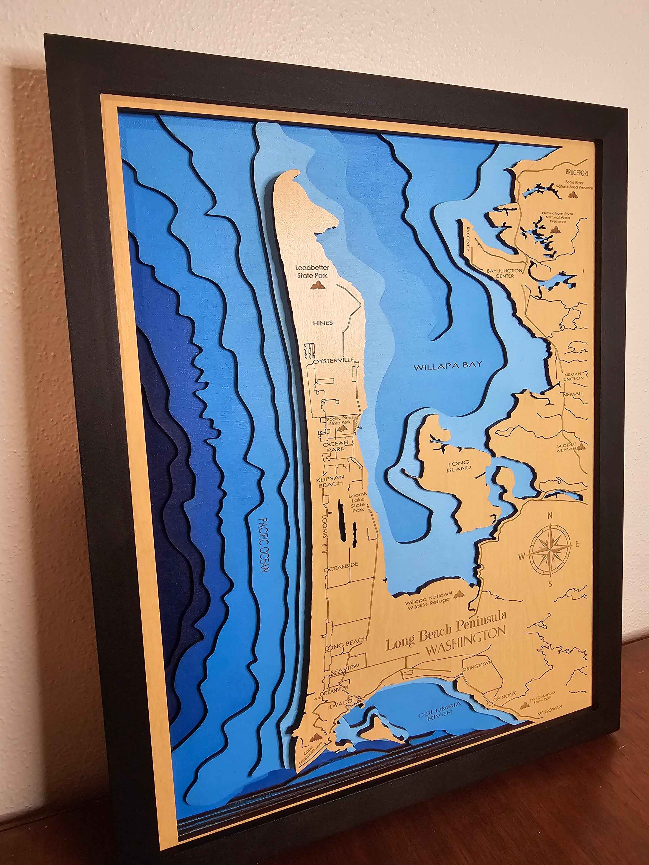 🌊 Long Beach Peninsula, Washington | 8-Layer 3D Bathymetric Laser-Cut Wood Map