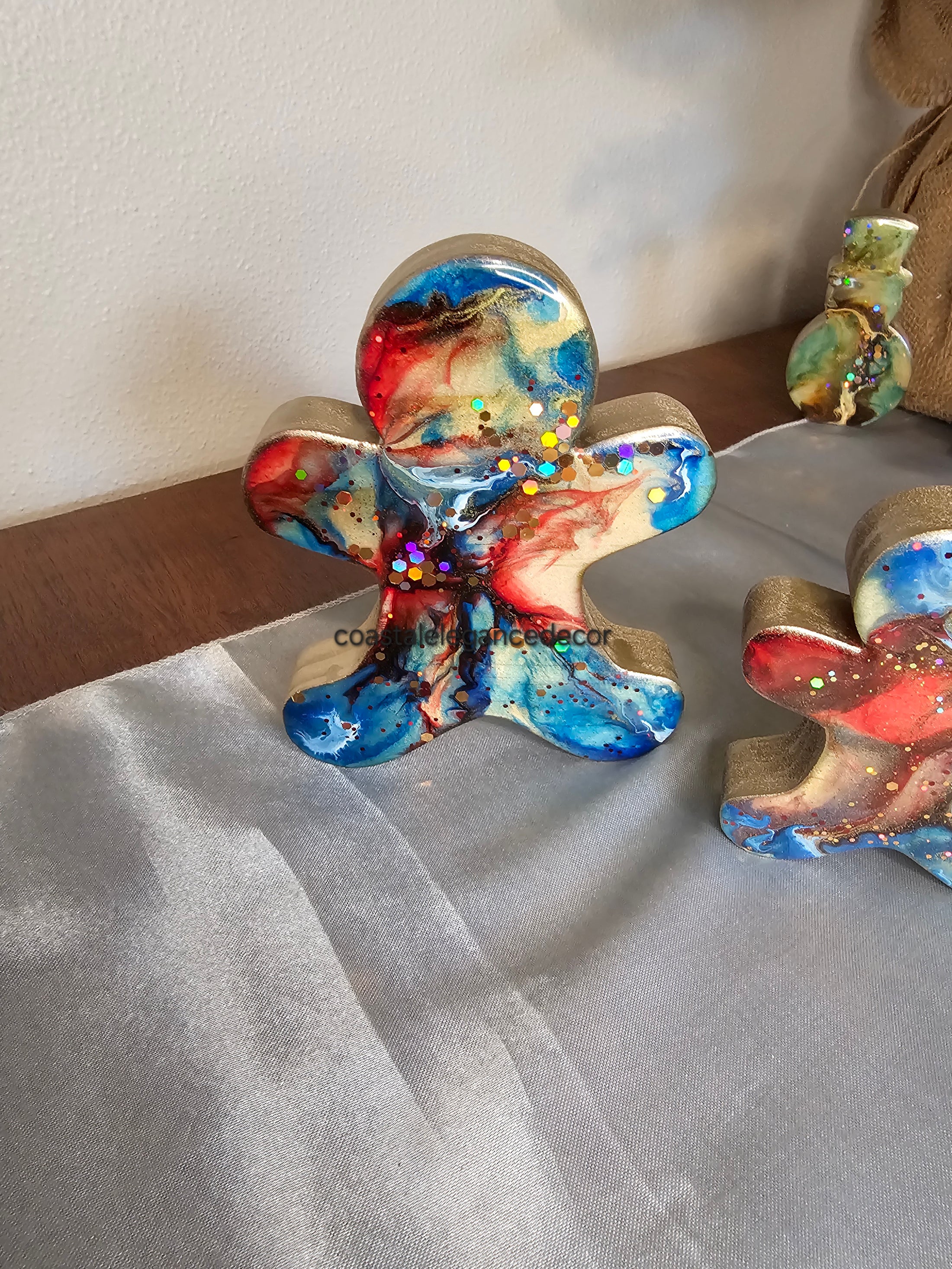 Handmade Blue Red Chunky Wood Gingerbread Men Christmas Decorations - 3 Sizes, Unique Resin Accents