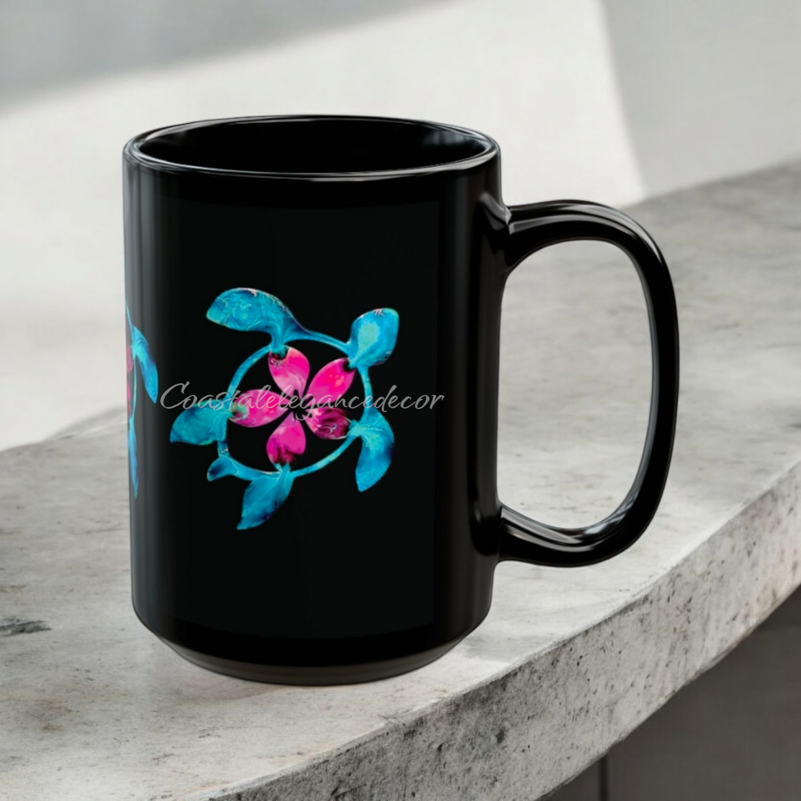 Polynesian Original Art Turtle with Flower Black Coffee Cup Mug 2 Sizes