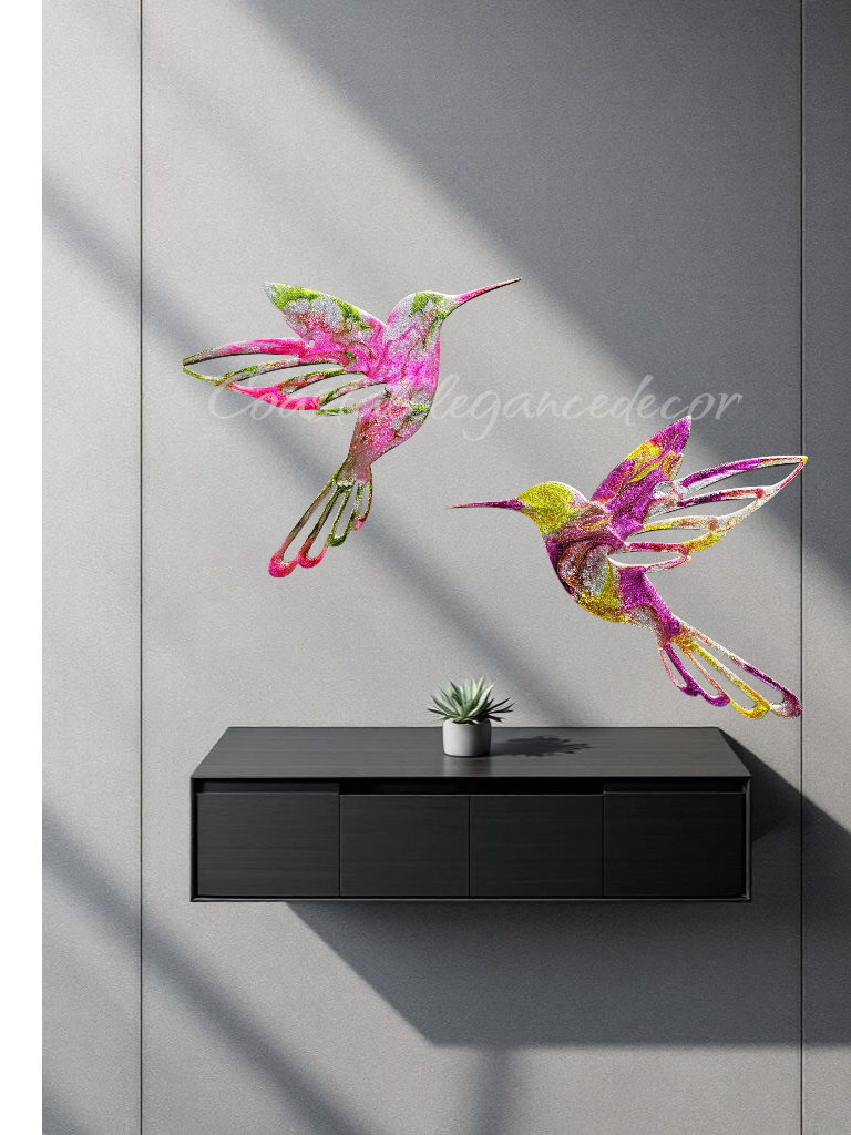 Vibrant Shimmer Hummingbird Wall Art – Handcrafted Resin on Wood (10.5" x 8.5")