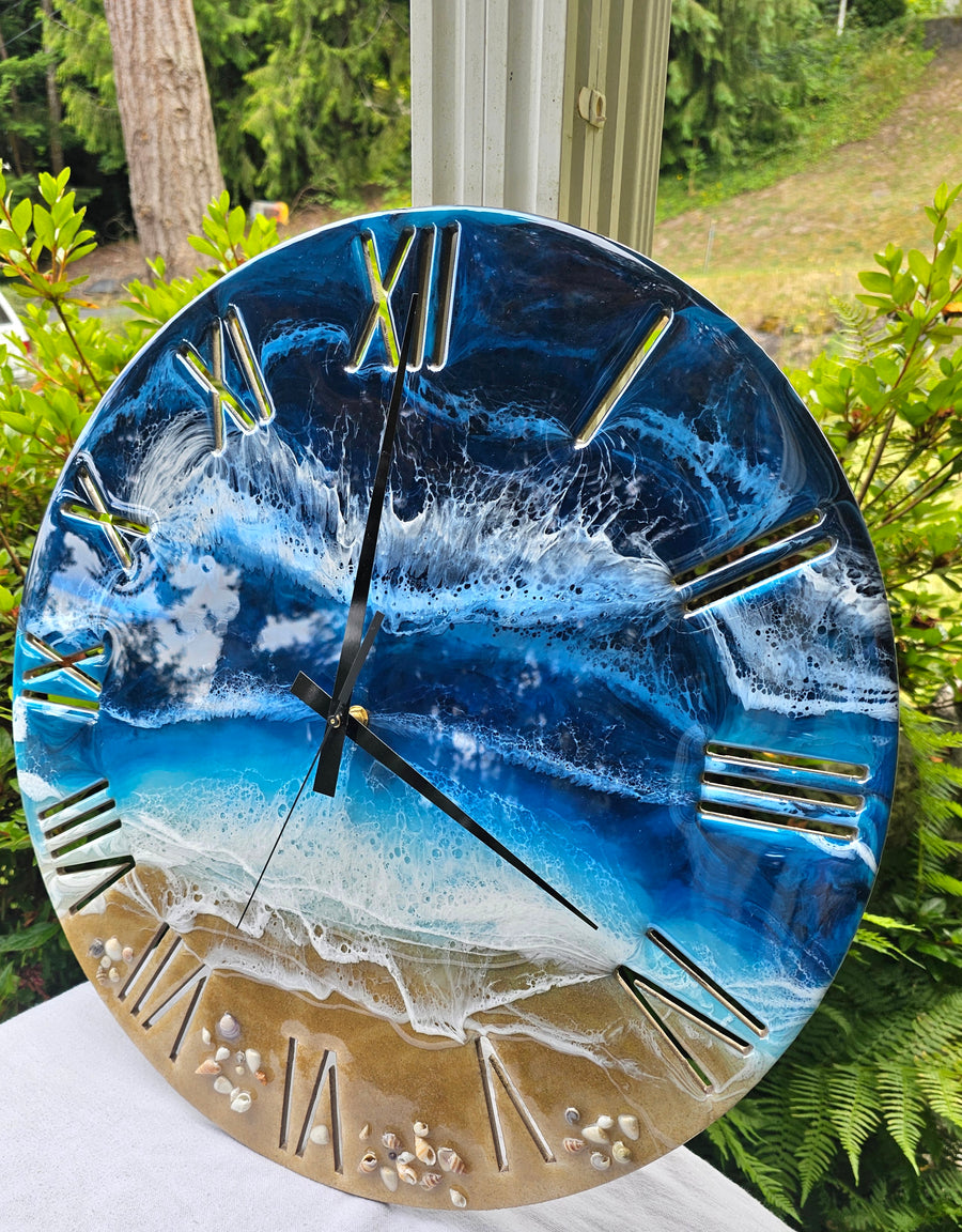 Handmade 19.5 Inch Blues Beach Ocean Waves Wall Clock with Roman Numerals & Real Seashells