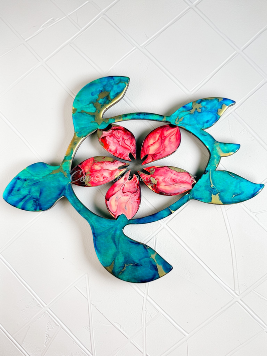 Tropical turquoise turtle with red Hawaiian flowers hanging on a wall, resin on wood