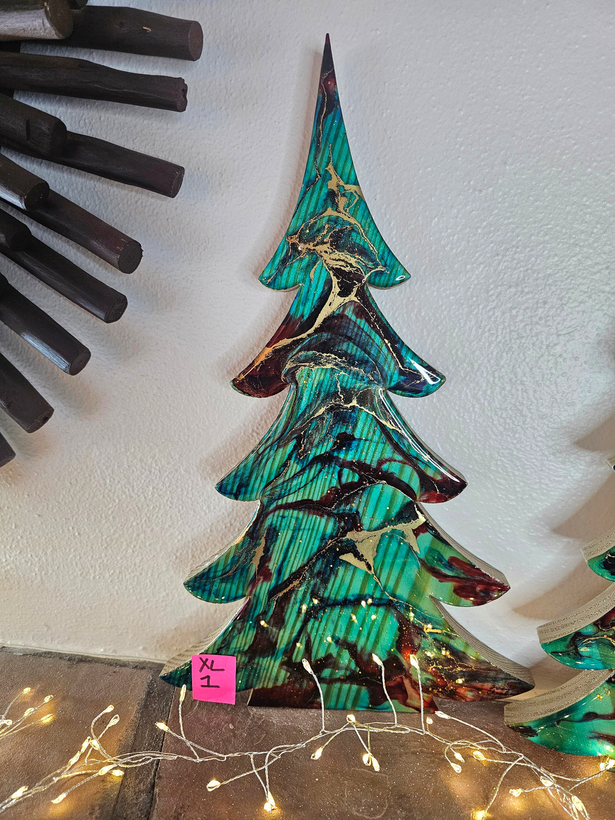 Handmade Turquoise Christmas Trees Shelf Sitter with Red Resin and Gold Accents Multiple Sizes
