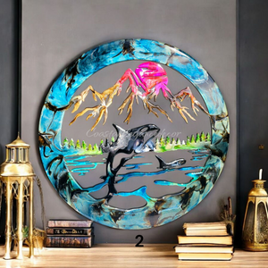 Orca Whales Water With Mountains and Trees Wall Art