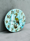 Charger l'image dans la visionneuse de la galerie, Handmade 18" Coastal Great Blue Heron Wall Clock – Pastel Green & Blue Alcohol Ink Art with Gold Mirror Numbers & Silent Sweep
