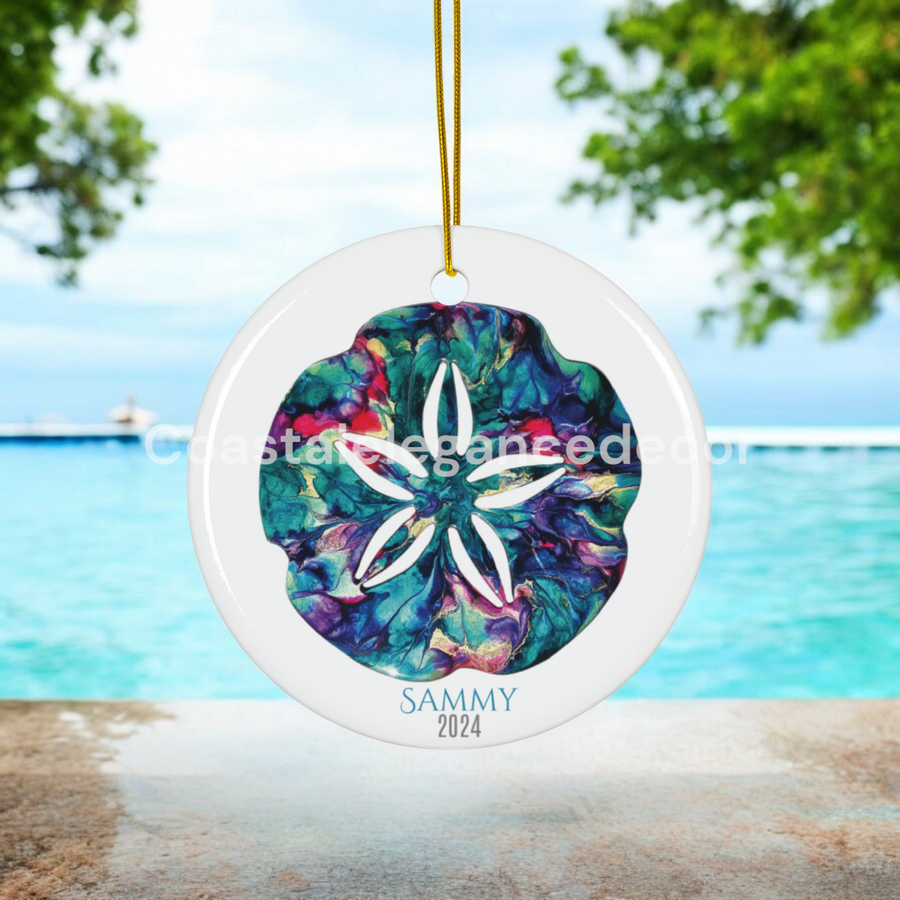 Ceramic Ornaments - Personalized Sand Dollar Art Print - Holiday Decoration or Gift