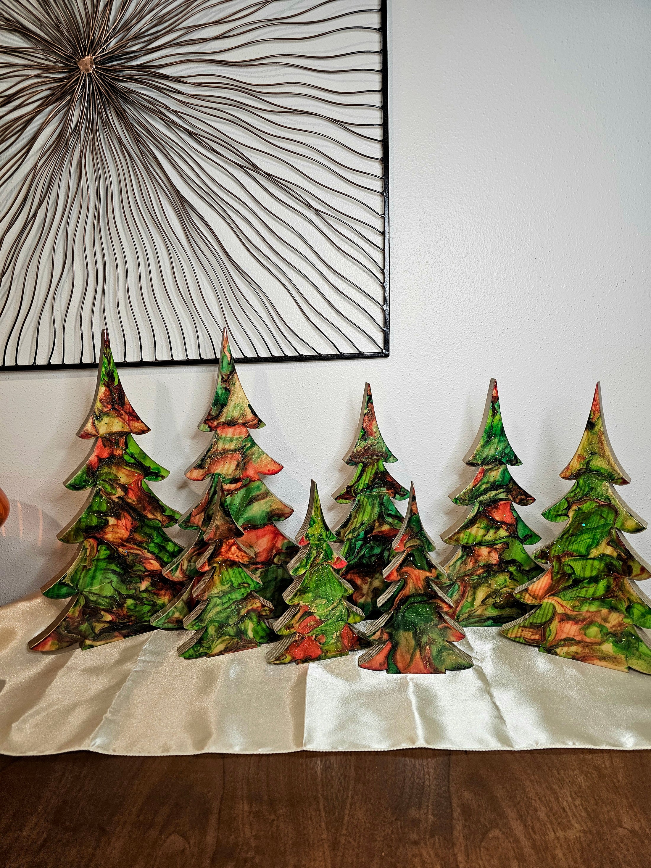 Handmade Green and Red Resin Christmas Trees with Branches Holiday Mantelpiece in a cozy setting - XL 15" size.