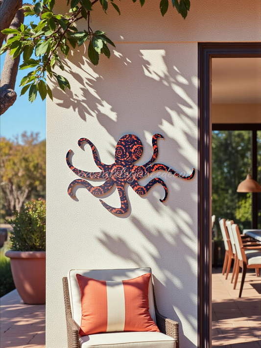 Large octopus weatherproof acrylic wall art hanging on outdoor patio - coastal ocean decor