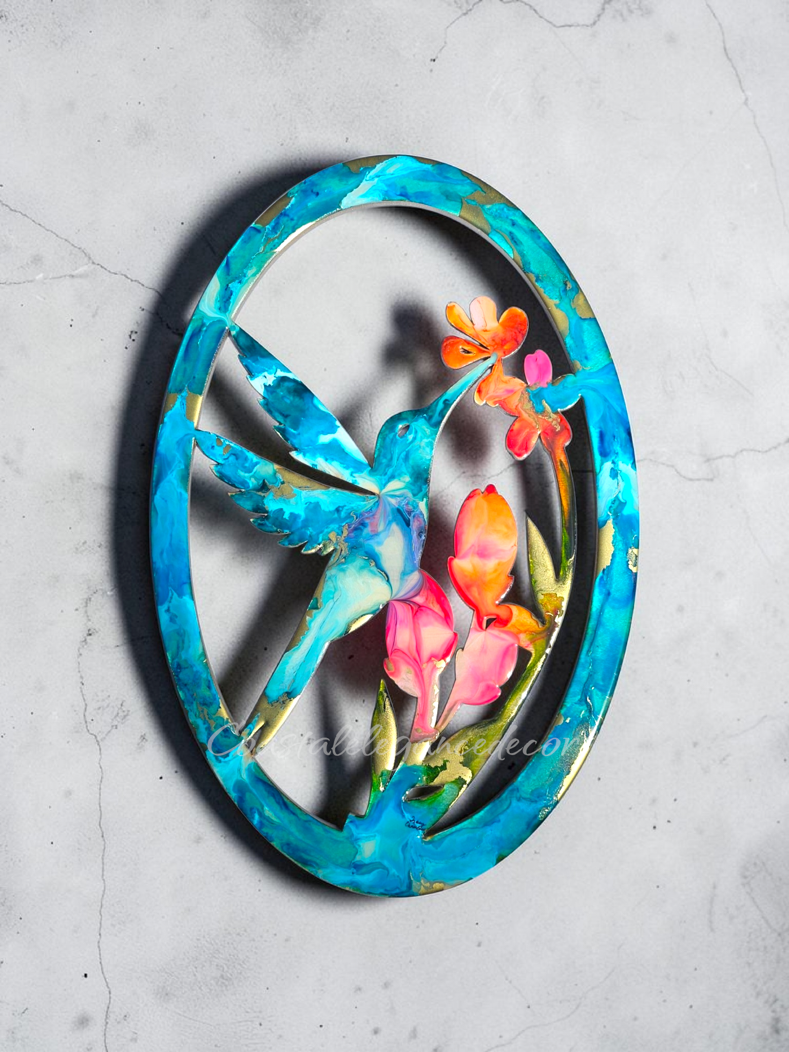 Hummingbird with Flowers Oval Frame Wall Decor