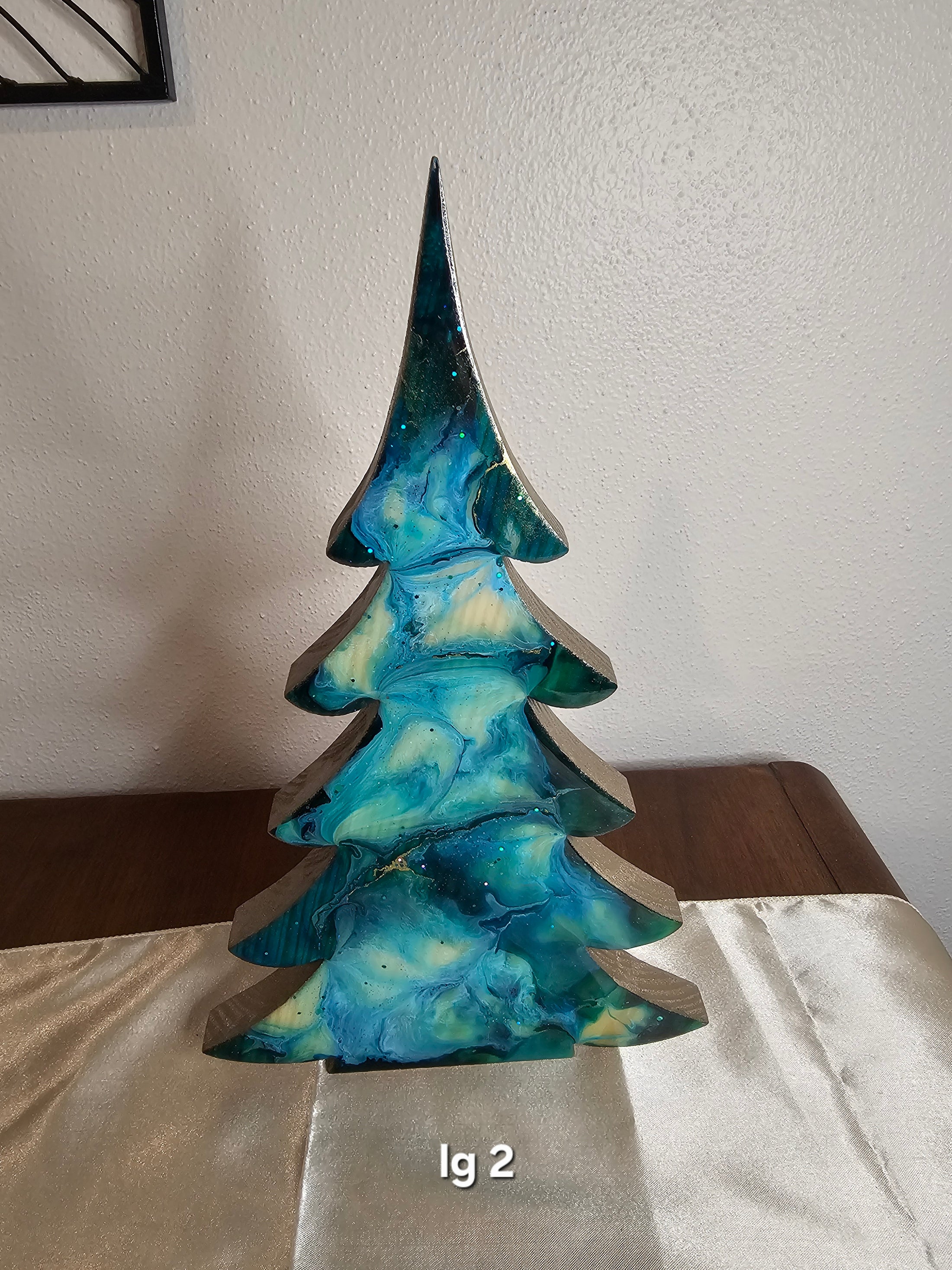 Close-up of Handmade Teal and Gold Christmas Trees with Branches Holiday Shelf Sitter, detailed view showcasing the artistic wood and resin blend.