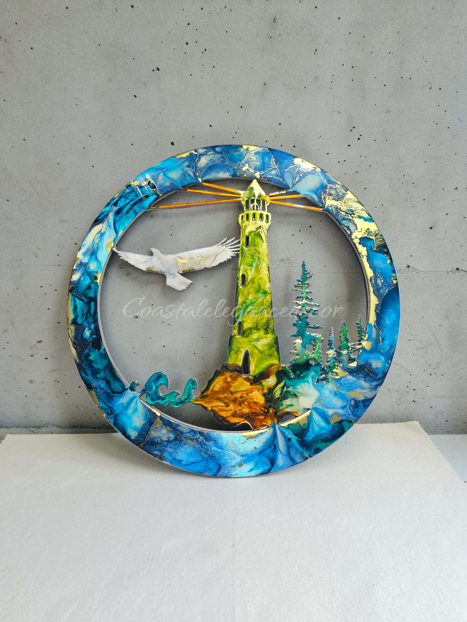 Original Lighthouse & Coastal Landscape Round Wall Art (15.75")