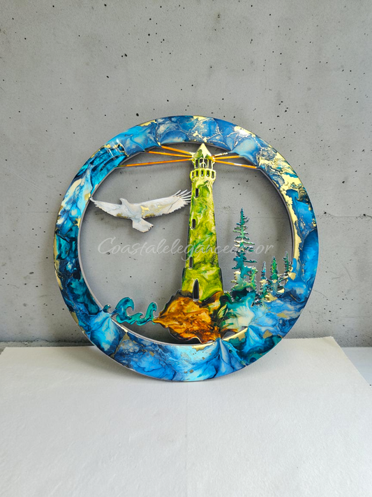 Original Lighthouse & Coastal Landscape Round Wall Art (15.75")